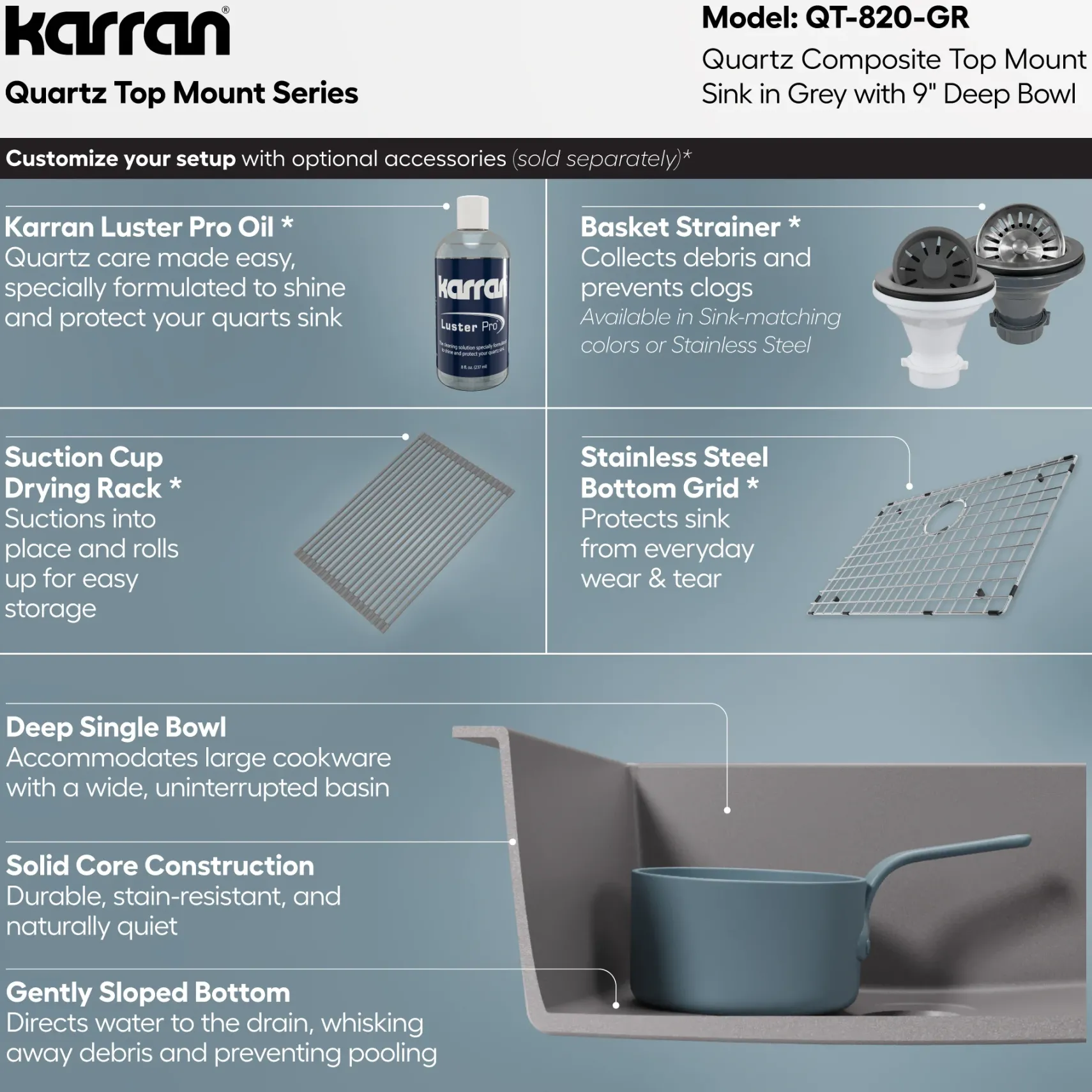 Karran 25" Drop In/Topmount Quartz Composite Kitchen Sink, Grey, QT-820-GR
