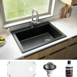 Karran 33" Drop In/Topmount Quartz Composite Kitchen Sink, Black, QT-670-BL-PK1