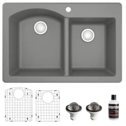 Karran 33" Drop In/Topmount Quartz Composite Kitchen Sink, 60/40 Double Bowl, Grey, QT-610-GR-PK1