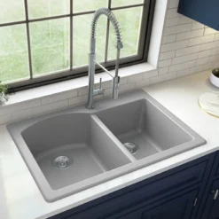 Karran 33" Drop In/Topmount Quartz Composite Kitchen Sink, 60/40 Double Bowl, Grey, QT-610-GR-PK1