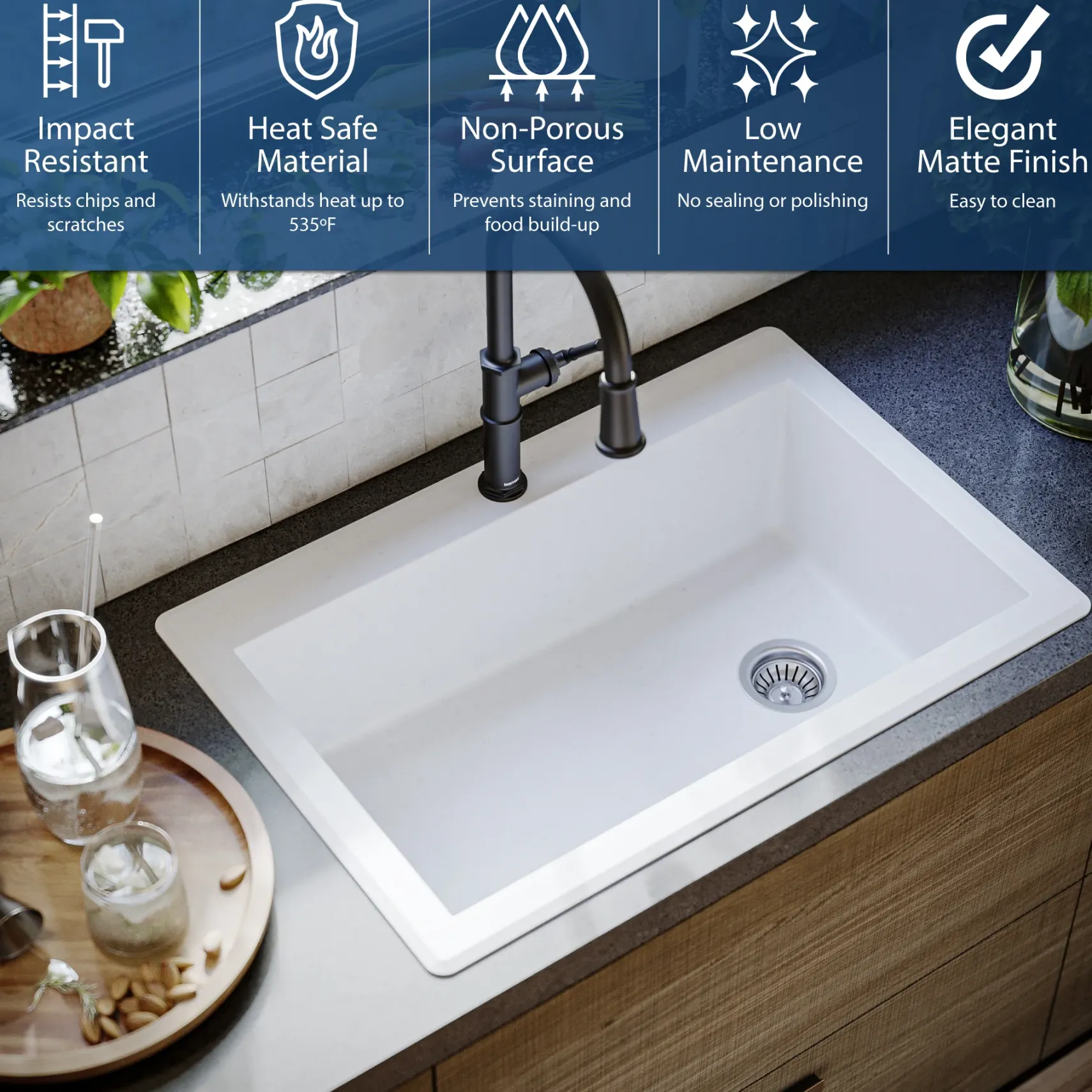 Karran 33" Drop In/Topmount Quartz Composite Kitchen Sink, White, QT-670-WH