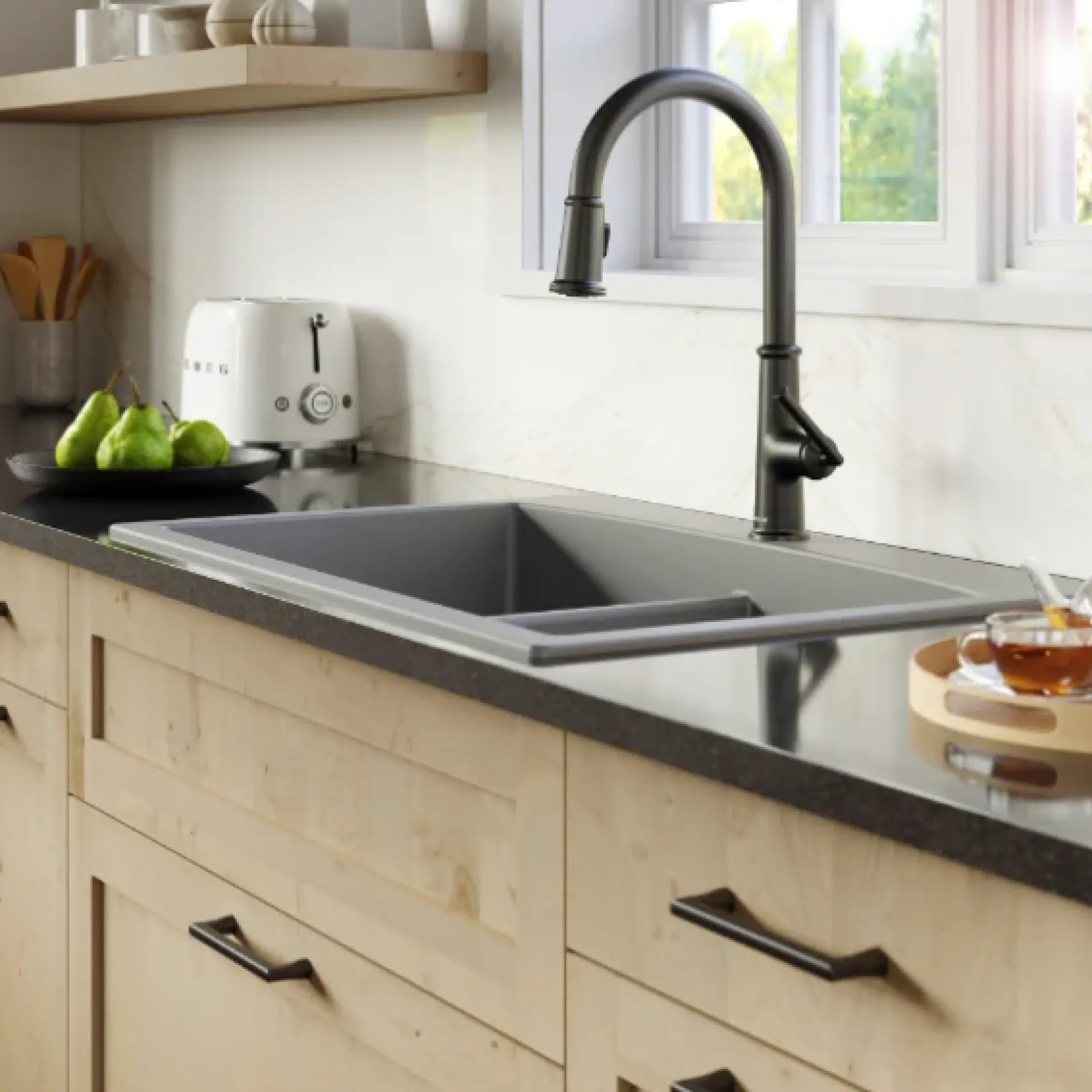 Karran 33" Drop In/Topmount Quartz Composite Kitchen Sink, 50/50 Double Bowl, Grey, QT-710-GR