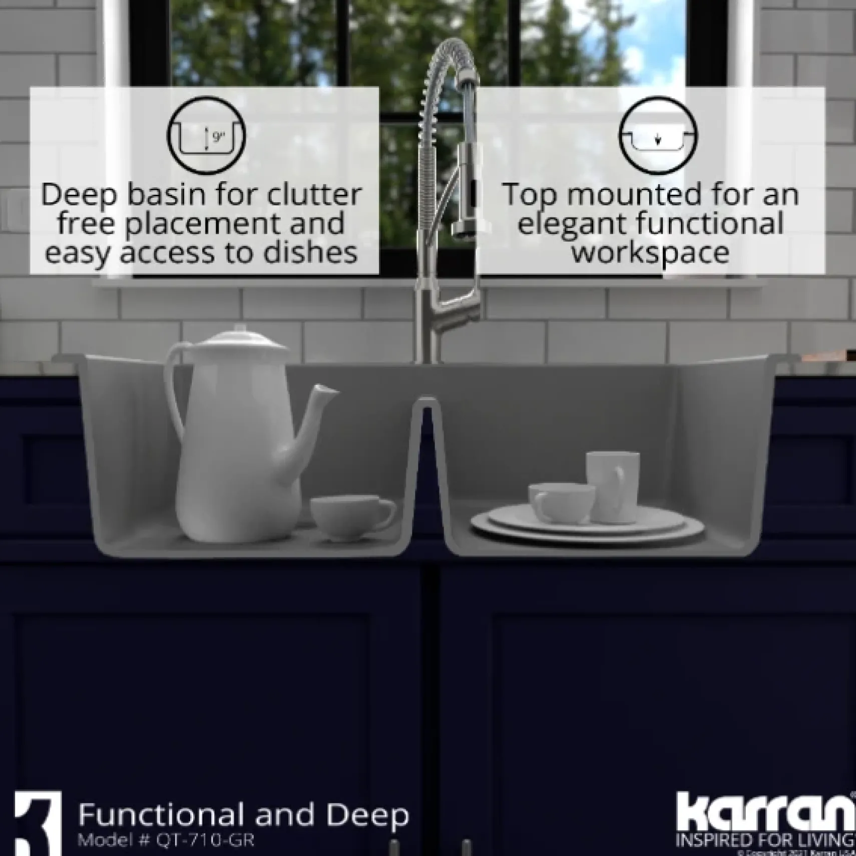 Karran 33" Drop In/Topmount Quartz Composite Kitchen Sink, 50/50 Double Bowl, Grey, QT-710-GR