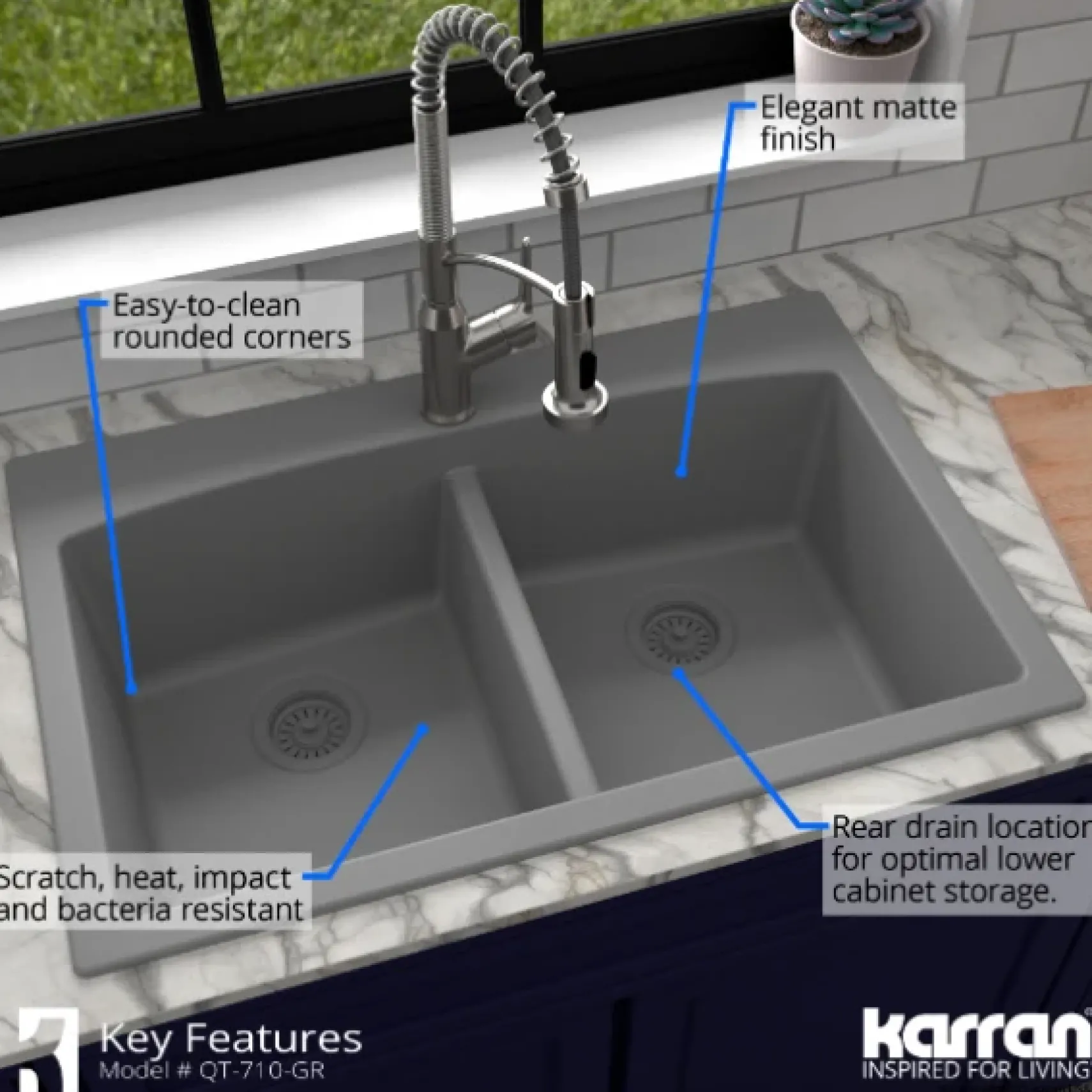 Karran 33" Drop In/Topmount Quartz Composite Kitchen Sink, 50/50 Double Bowl, Grey, QT-710-GR