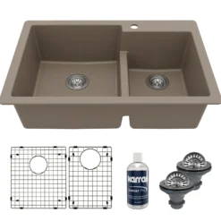 Karran 33" Drop In/Topmount Quartz Composite Kitchen Sink with Accessories, 60/40 Double Bowl, Concrete, QT-811-CN-PK1