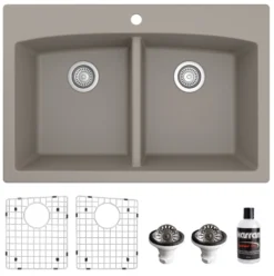 Karran 33" Drop In/Topmount Quartz Composite Kitchen Sink, 50/50 Double Bowl, Concrete, QT-710-CN-PK1