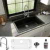 Karran 33" Drop In/Topmount Quartz Composite Kitchen Sink with Stainless Steel Faucet and Accessories, Black, QT712BL210SS