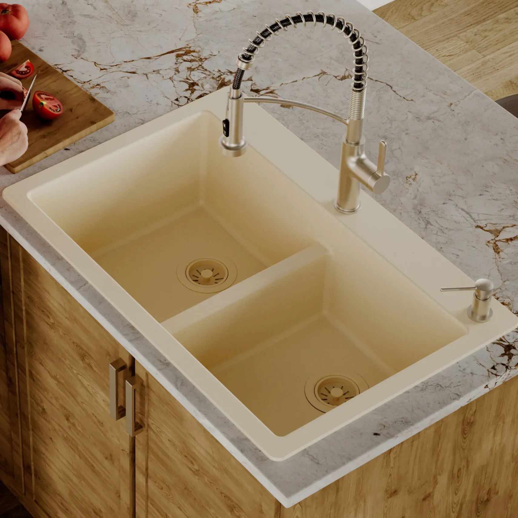 Karran 33" Drop In/Topmount Quartz Composite Kitchen Sink, 50/50 Double Bowl, Bisque, QT-810-BI