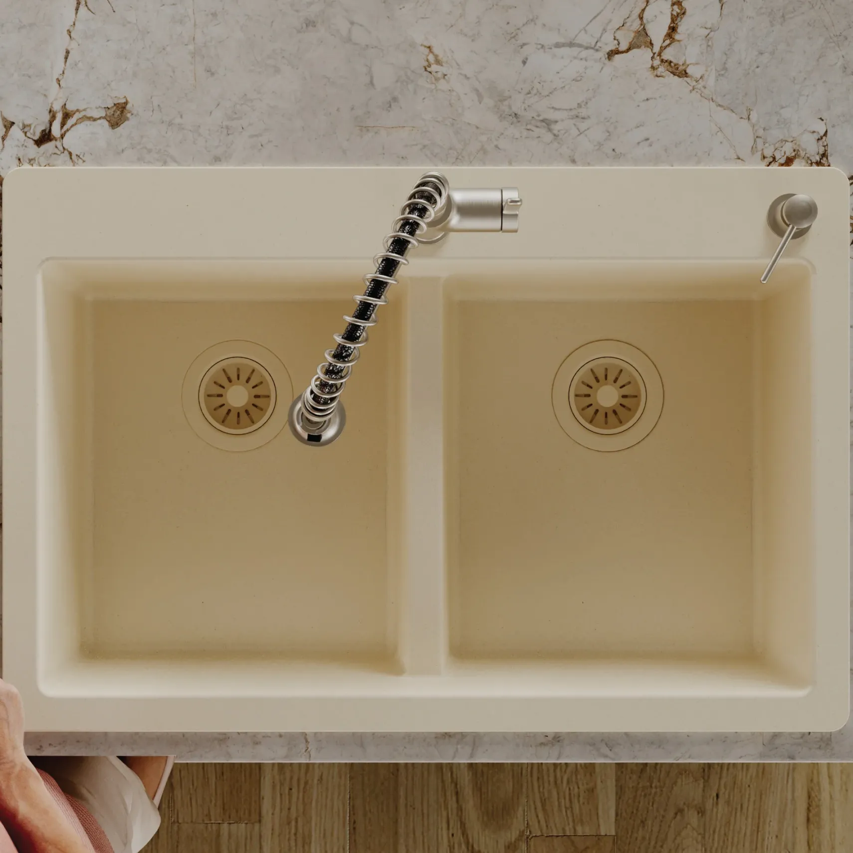 Karran 33" Drop In/Topmount Quartz Composite Kitchen Sink, 50/50 Double Bowl, Bisque, QT-810-BI