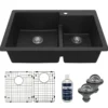 Karran 33" Drop In/Topmount Quartz Composite Kitchen Sink with Accessories, 60/40 Double Bowl, Black, QT-811-BL-PK1