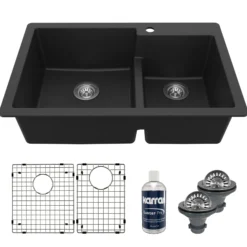 Karran 33" Drop In/Topmount Quartz Composite Kitchen Sink with Accessories, 60/40 Double Bowl, Black, QT-811-BL-PK1
