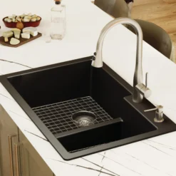 Karran 33" Drop In/Topmount Quartz Composite Kitchen Sink with Accessories, 60/40 Double Bowl, Black, QT-811-BL-PK1