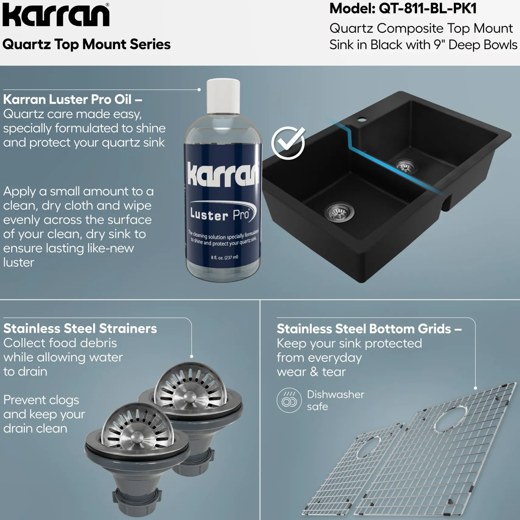 Karran 33" Drop In/Topmount Quartz Composite Kitchen Sink with Accessories, 60/40 Double Bowl, Black, QT-811-BL-PK1