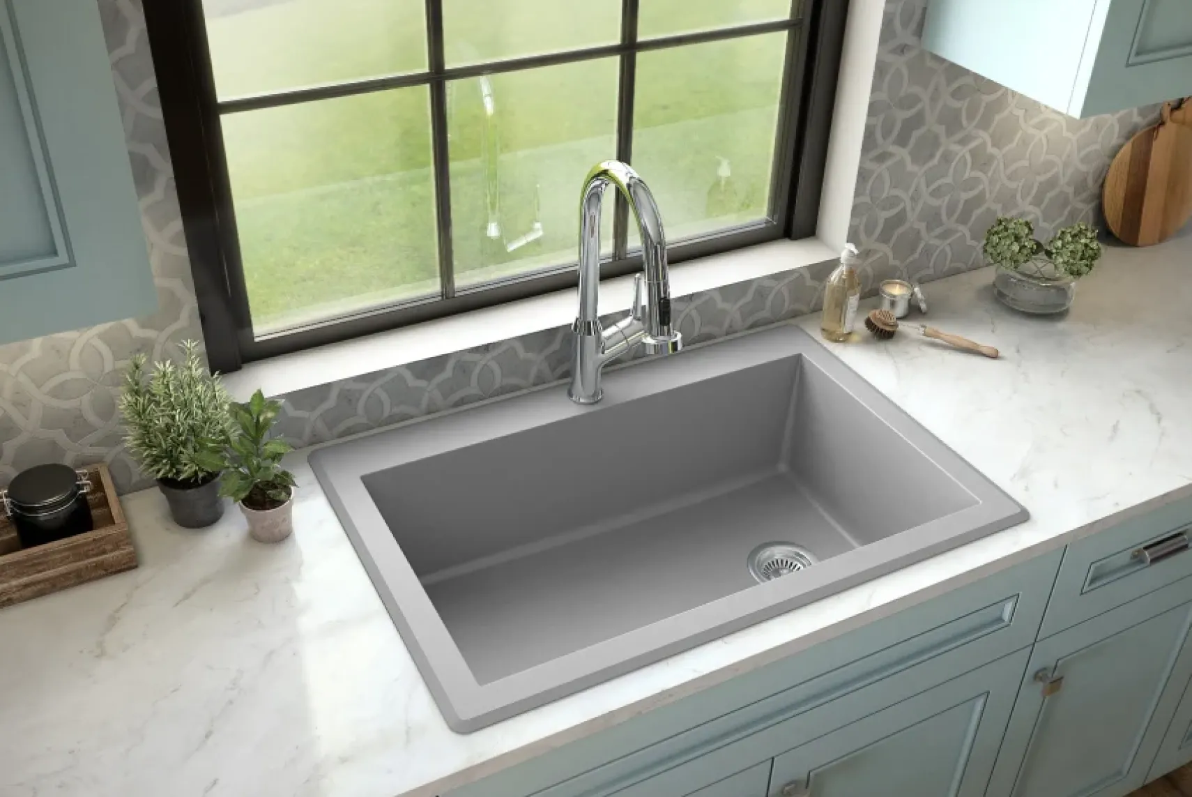 Karran 33" Drop In/Topmount Quartz Composite Kitchen Sink, Grey, QT-670-GR