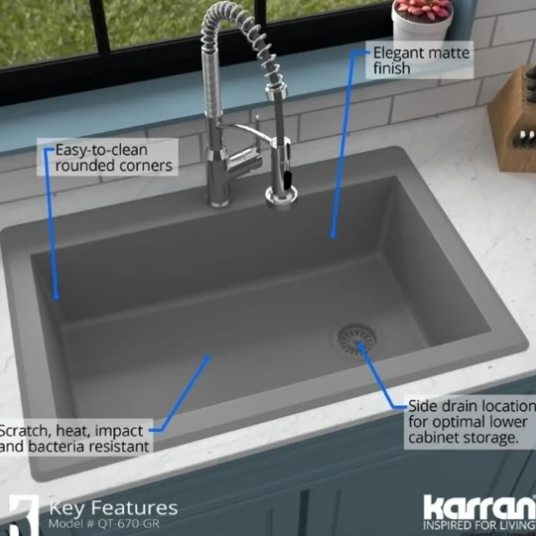 Karran 33" Drop In/Topmount Quartz Composite Kitchen Sink, Grey, QT-670-GR