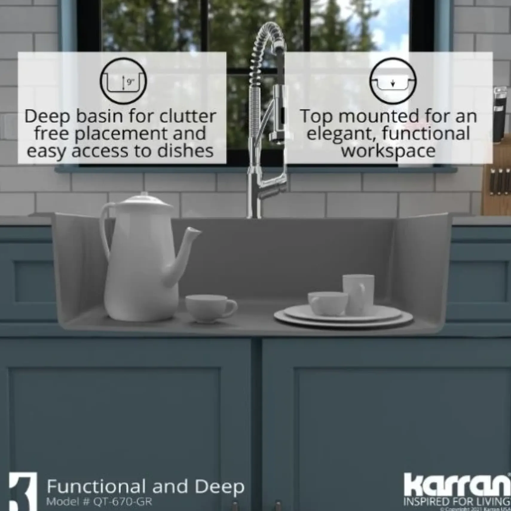 Karran 33" Drop In/Topmount Quartz Composite Kitchen Sink, Grey, QT-670-GR