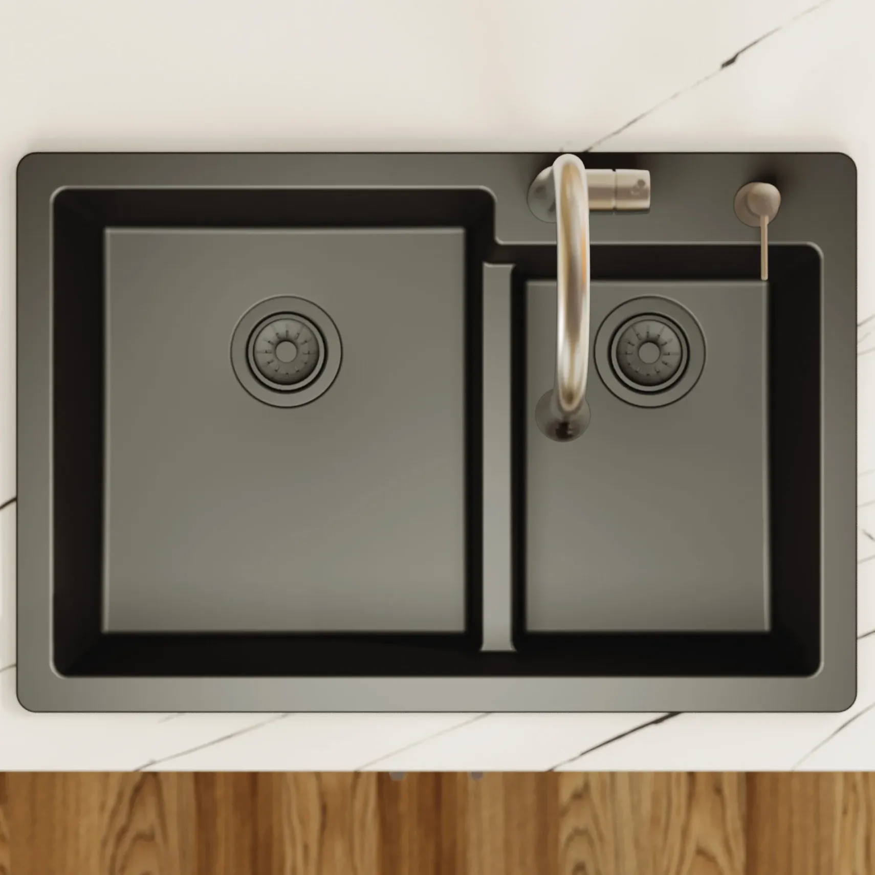Karran 33" Drop In/Topmount Quartz Composite Kitchen Sink, 60/40 Double Bowl, Black, QT-811-BL
