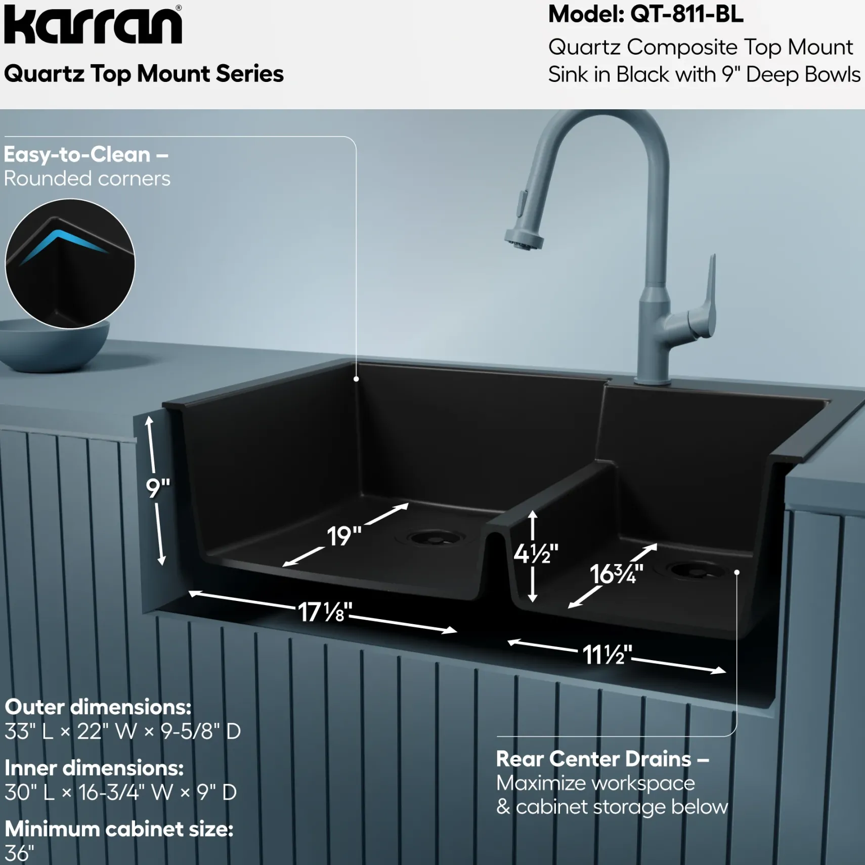 Karran 33" Drop In/Topmount Quartz Composite Kitchen Sink, 60/40 Double Bowl, Black, QT-811-BL