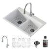Karran 33" Drop In/Topmount Quartz Composite Kitchen Sink with Stainless Steel Faucet and Accessories, 50/50 Double Bowl, White, QT810WHKKF340SS