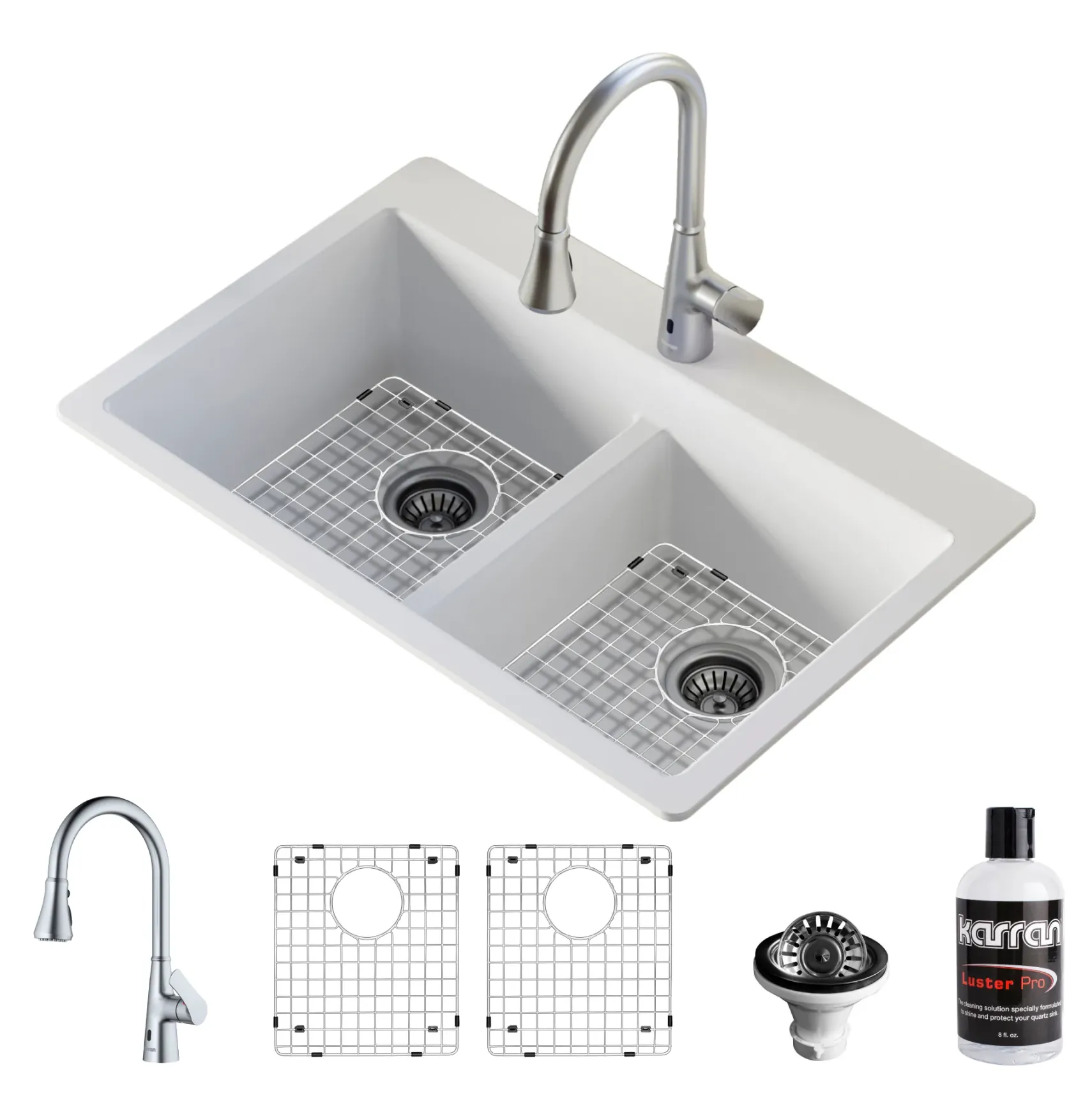 Karran 33" Drop In/Topmount Quartz Composite Kitchen Sink with Stainless Steel Faucet and Accessories, 50/50 Double Bowl, White, QT810WHKKF340SS