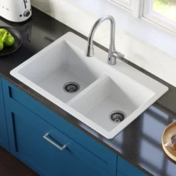 Karran 33" Drop In/Topmount Quartz Composite Kitchen Sink with Stainless Steel Faucet and Accessories, 50/50 Double Bowl, White, QT810WHKKF340SS