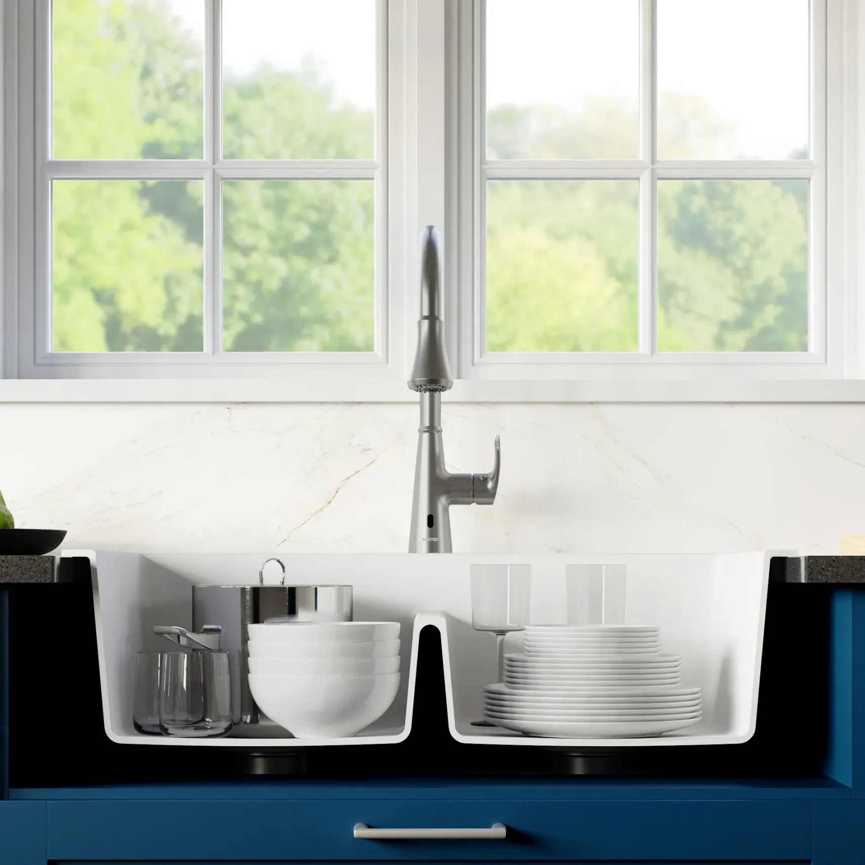 Karran 33" Drop In/Topmount Quartz Composite Kitchen Sink with Stainless Steel Faucet and Accessories, 50/50 Double Bowl, White, QT810WHKKF340SS