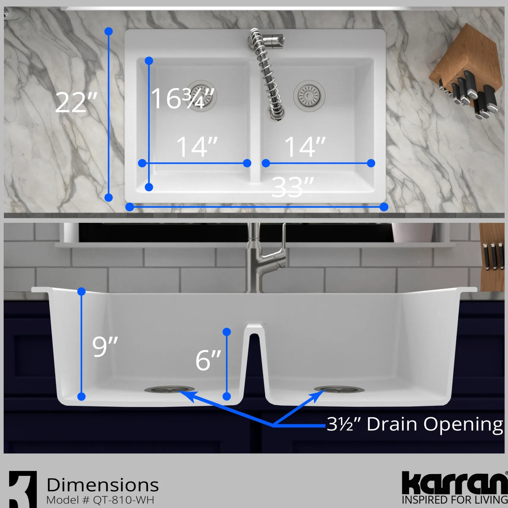 Karran 33" Drop In/Topmount Quartz Composite Kitchen Sink with Stainless Steel Faucet and Accessories, 50/50 Double Bowl, White, QT810WHKKF340SS