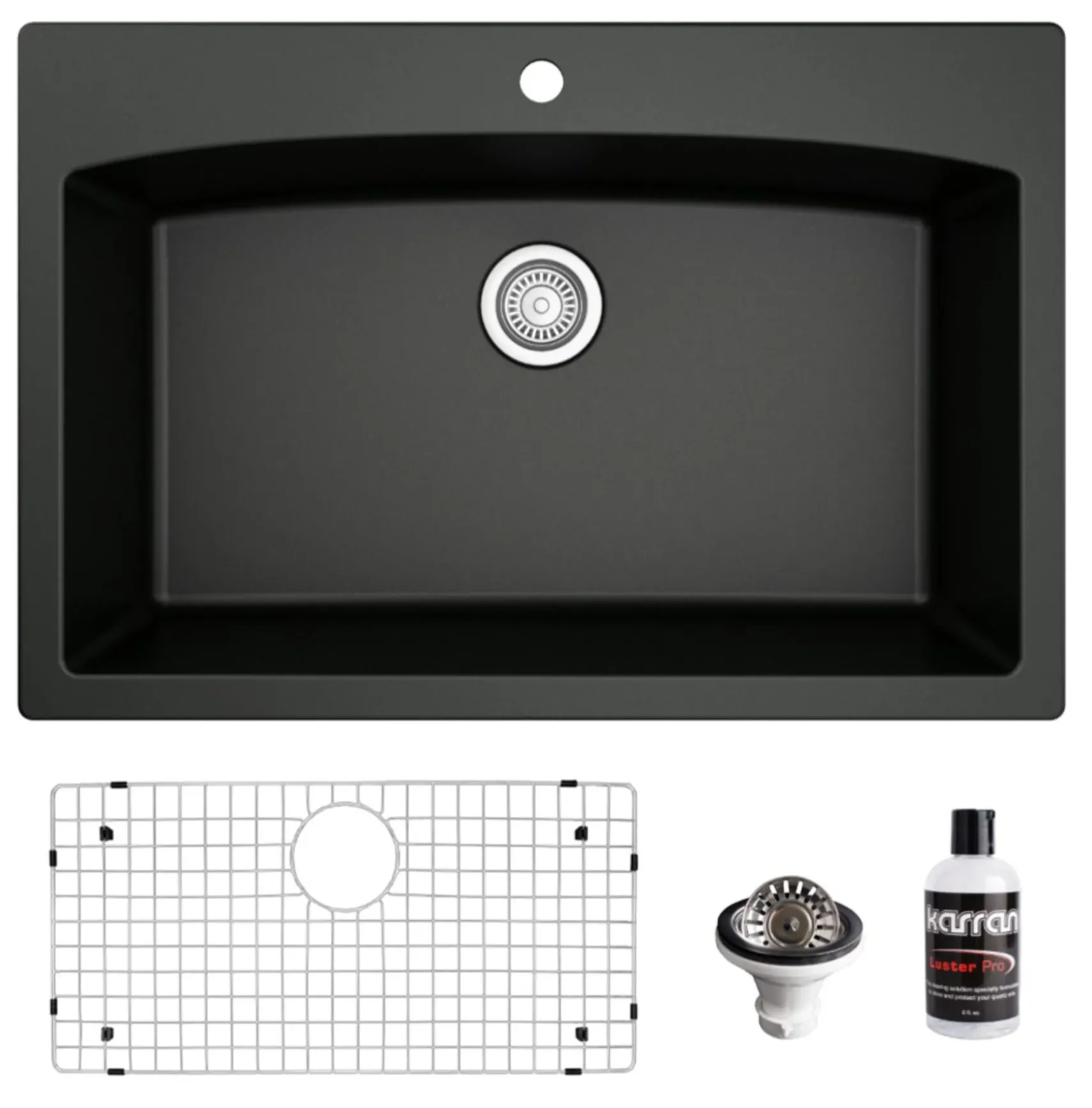 Karran 33" Drop In/Topmount Quartz Composite Kitchen Sink, Black, QT-712-BL-PK1