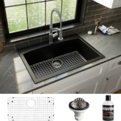 Karran 33" Drop In/Topmount Quartz Composite Kitchen Sink, Black, QT-712-BL-PK1