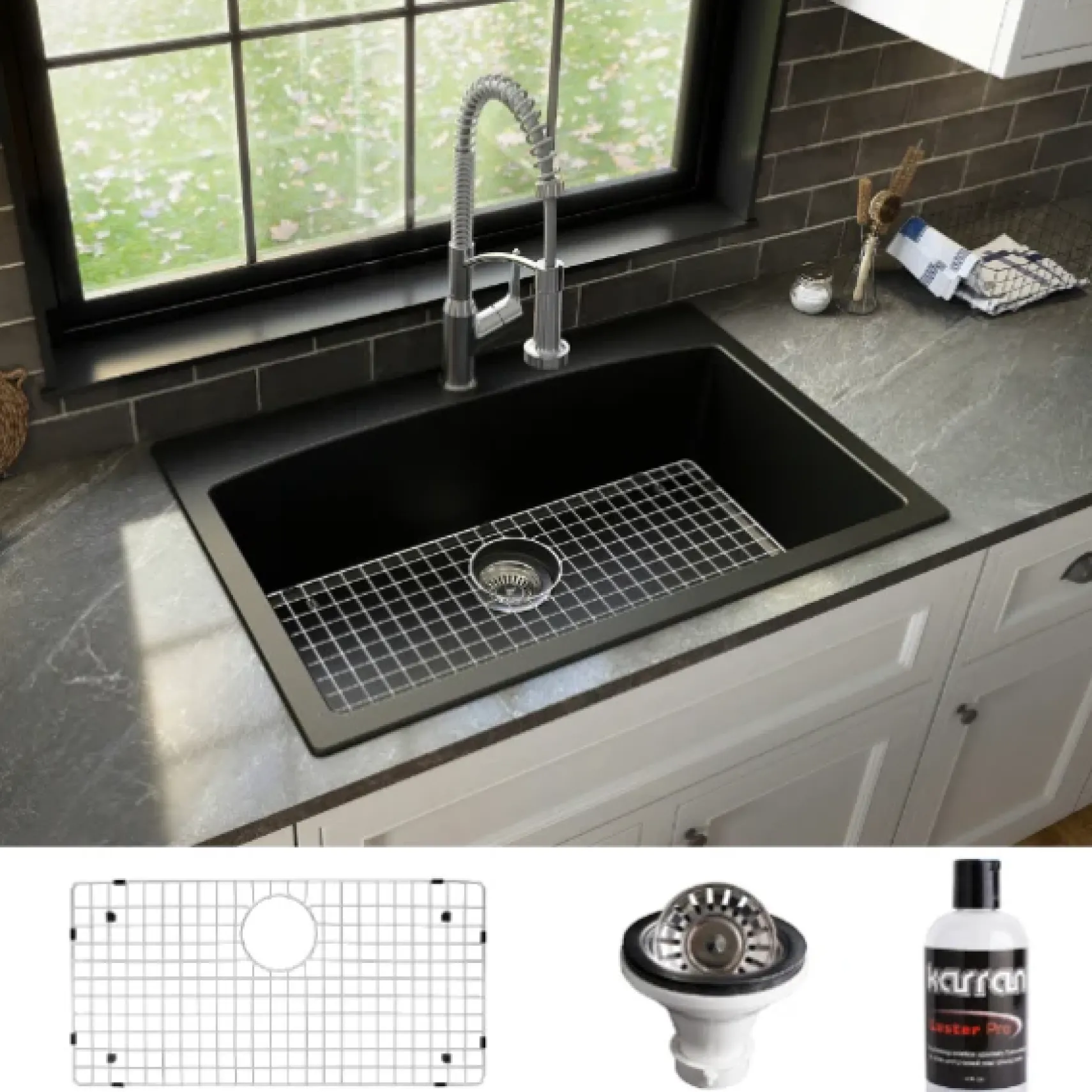 Karran 33" Drop In/Topmount Quartz Composite Kitchen Sink, Black, QT-712-BL-PK1