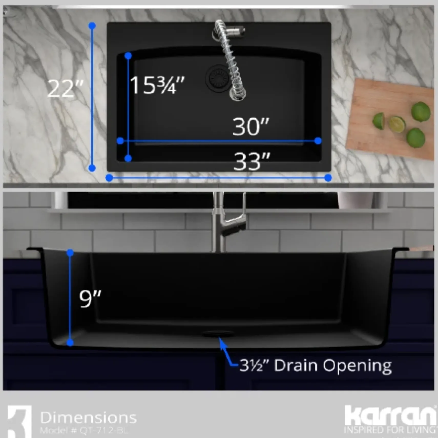Karran 33" Drop In/Topmount Quartz Composite Kitchen Sink, Black, QT-712-BL-PK1