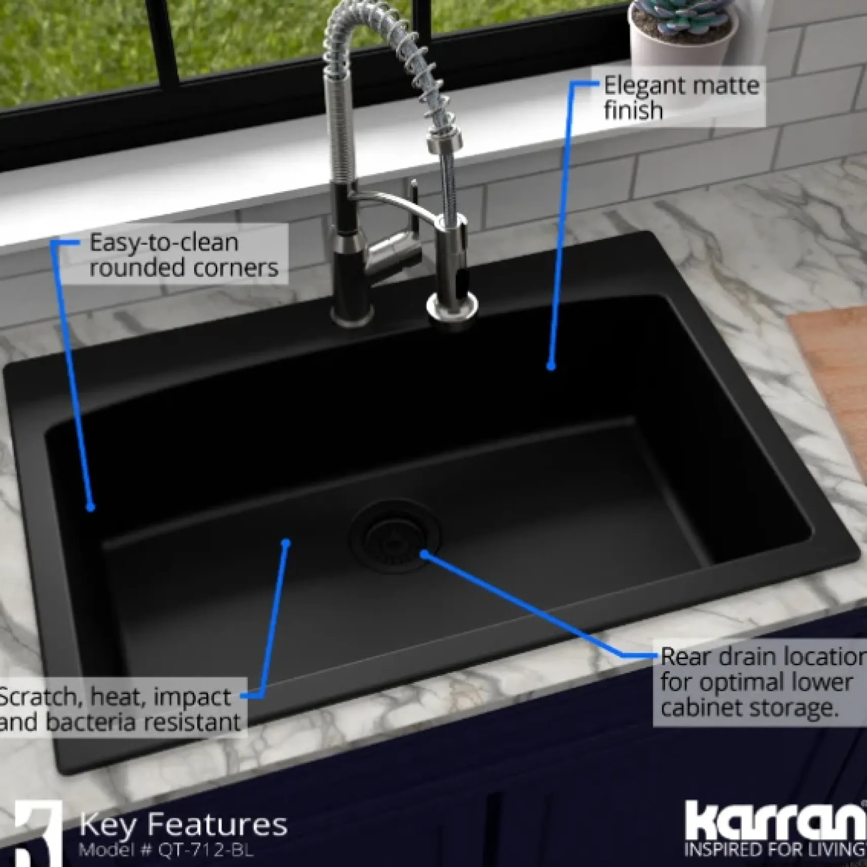 Karran 33" Drop In/Topmount Quartz Composite Kitchen Sink, Black, QT-712-BL-PK1