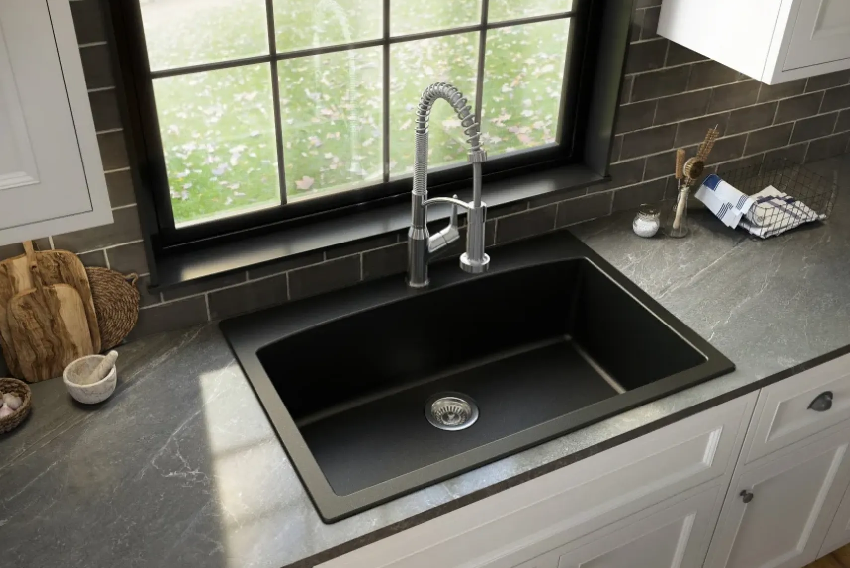 Karran 33" Drop In/Topmount Quartz Composite Kitchen Sink, Black, QT-712-BL-PK1
