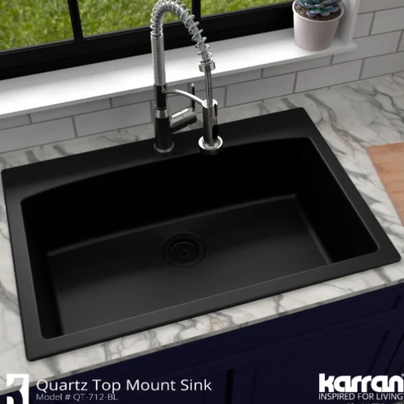 Karran 33" Drop In/Topmount Quartz Composite Kitchen Sink, Black, QT-712-BL-PK1