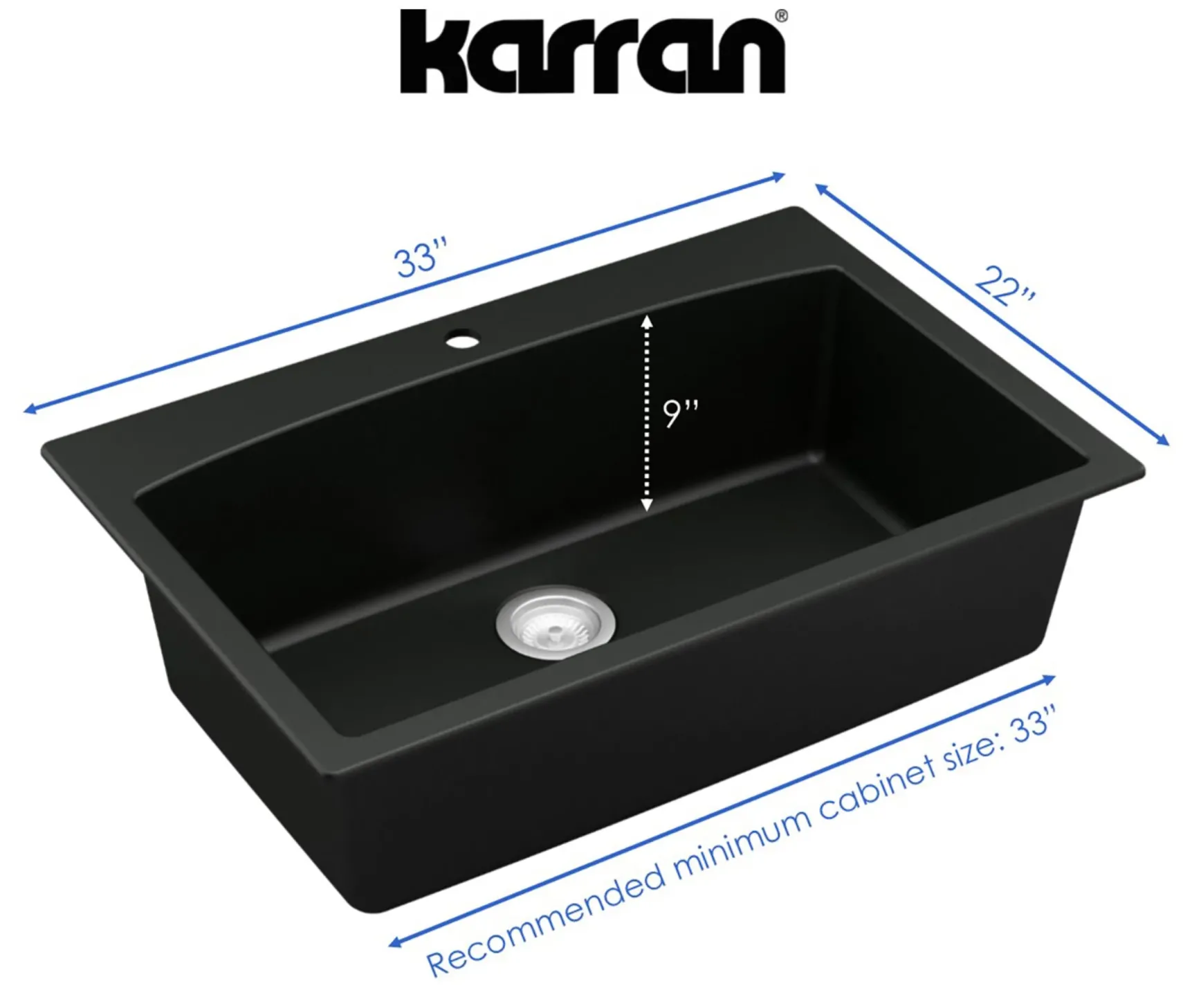 Karran 33" Drop In/Topmount Quartz Composite Kitchen Sink, Black, QT-712-BL-PK1
