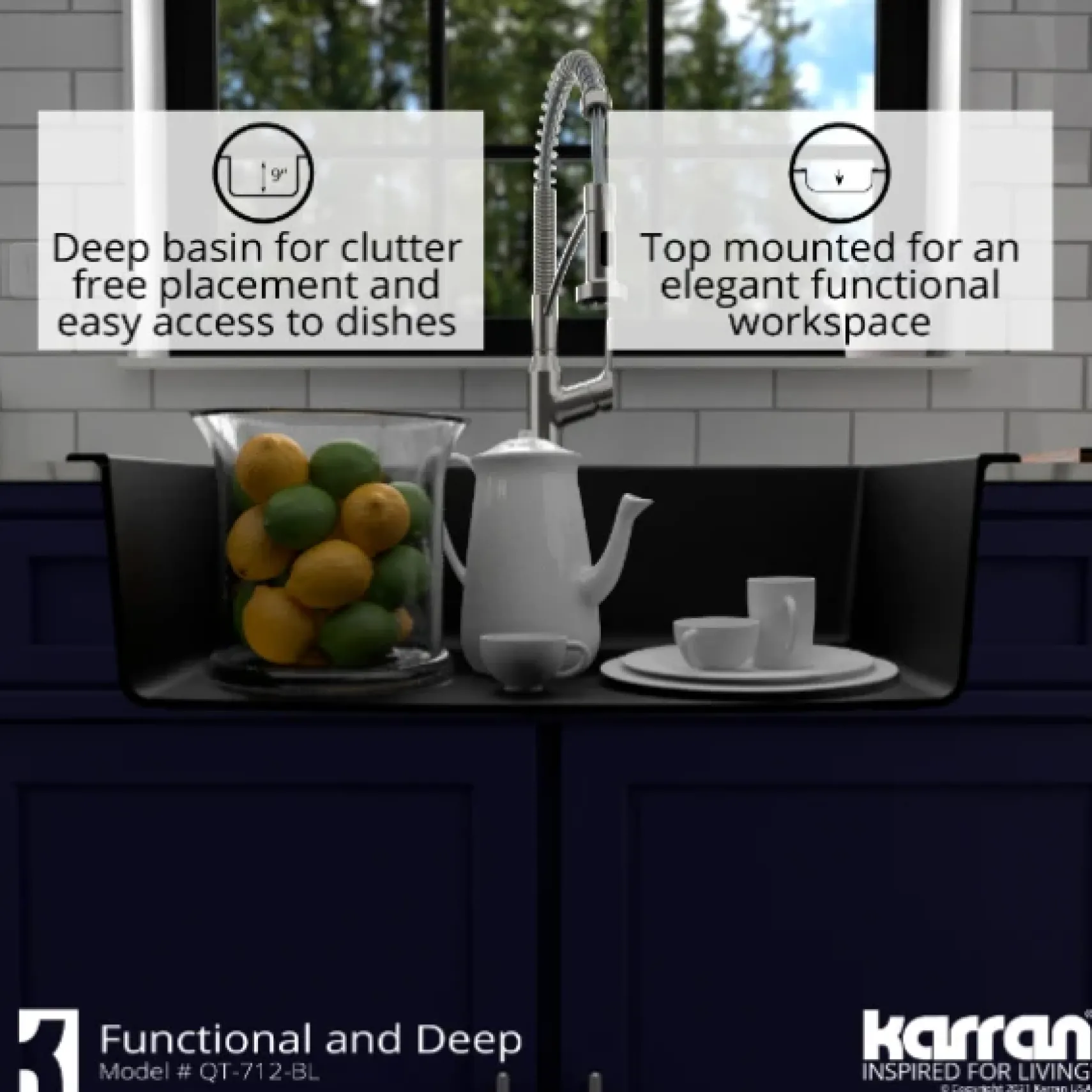 Karran 33" Drop In/Topmount Quartz Composite Kitchen Sink, Black, QT-712-BL-PK1