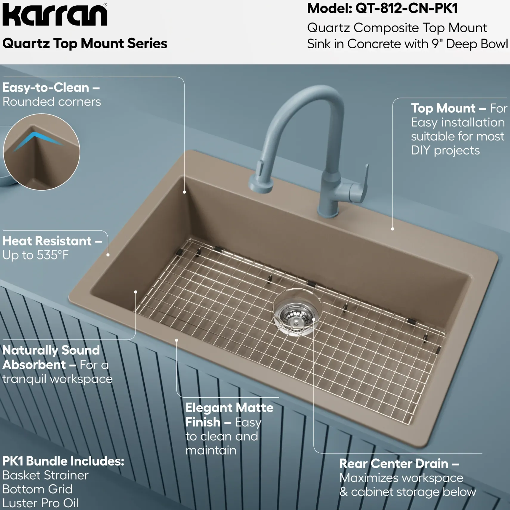 Karran 33" Drop In/Topmount Quartz Composite Kitchen Sink with Accessories, Concrete, QT-812-CN-PK1