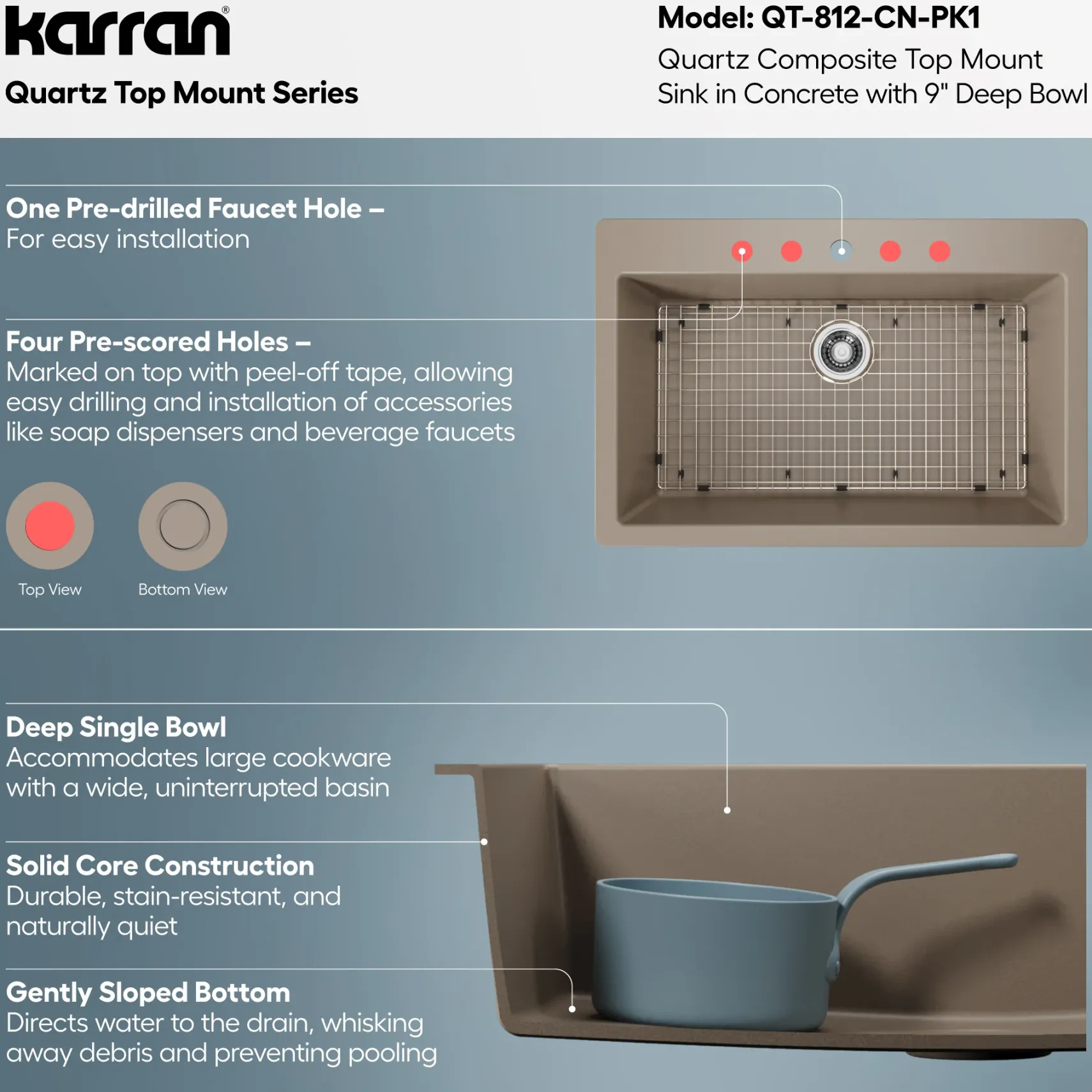 Karran 33" Drop In/Topmount Quartz Composite Kitchen Sink with Accessories, Concrete, QT-812-CN-PK1