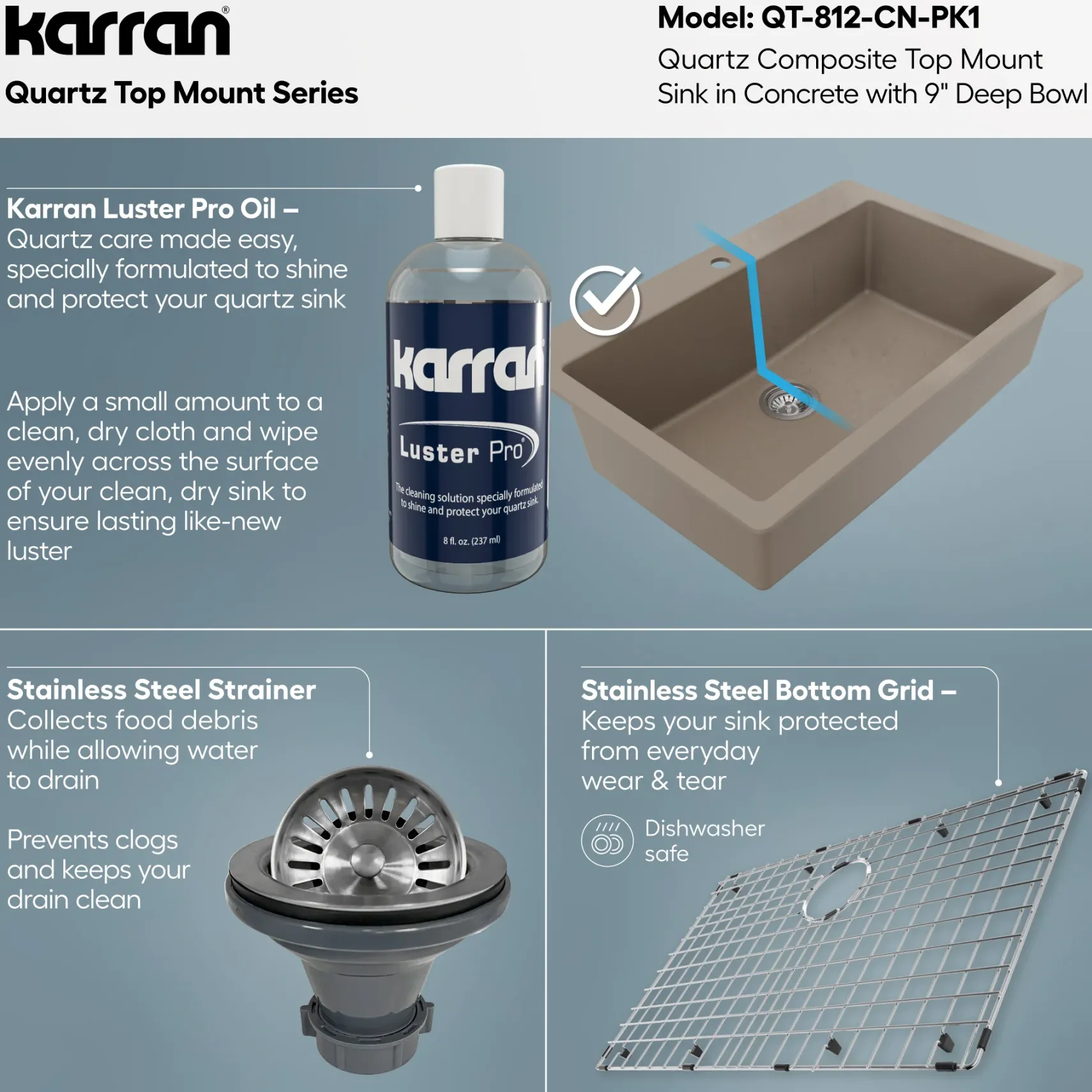 Karran 33" Drop In/Topmount Quartz Composite Kitchen Sink with Accessories, Concrete, QT-812-CN-PK1