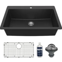 Karran 33" Drop In/Topmount Quartz Composite Kitchen Sink with Accessories, Black, QT-812-BL-PK1