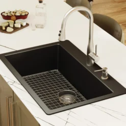 Karran 33" Drop In/Topmount Quartz Composite Kitchen Sink with Accessories, Black, QT-812-BL-PK1