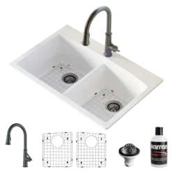 Karran 33" Drop In/Topmount Quartz Composite Kitchen Sink with Gunmetal Grey Faucet and Accessories, 50/50 Double Bowl, White, QT710WHKKF330GG