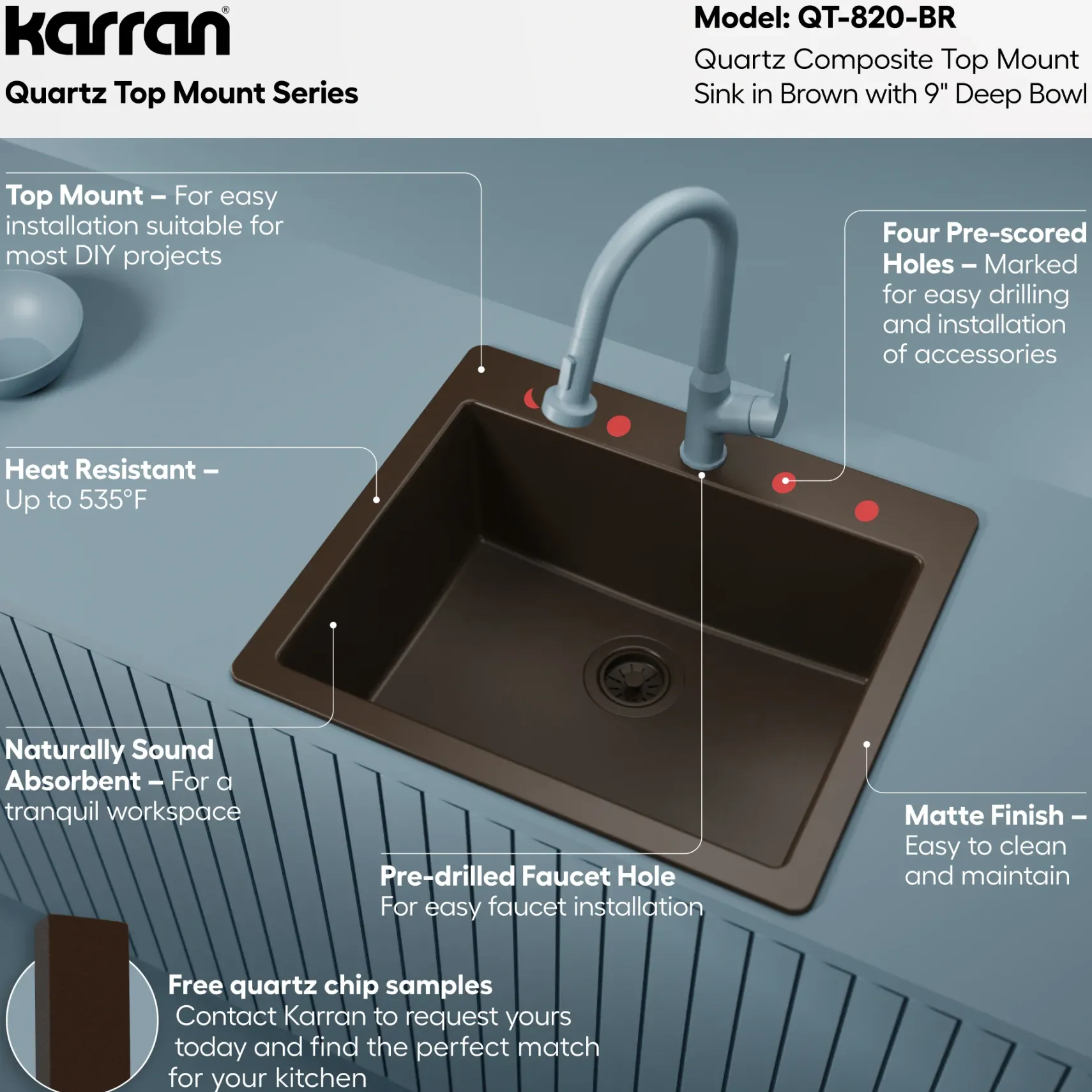 Karran 25" Drop In/Topmount Quartz Composite Kitchen Sink, Brown, QT-820-BR