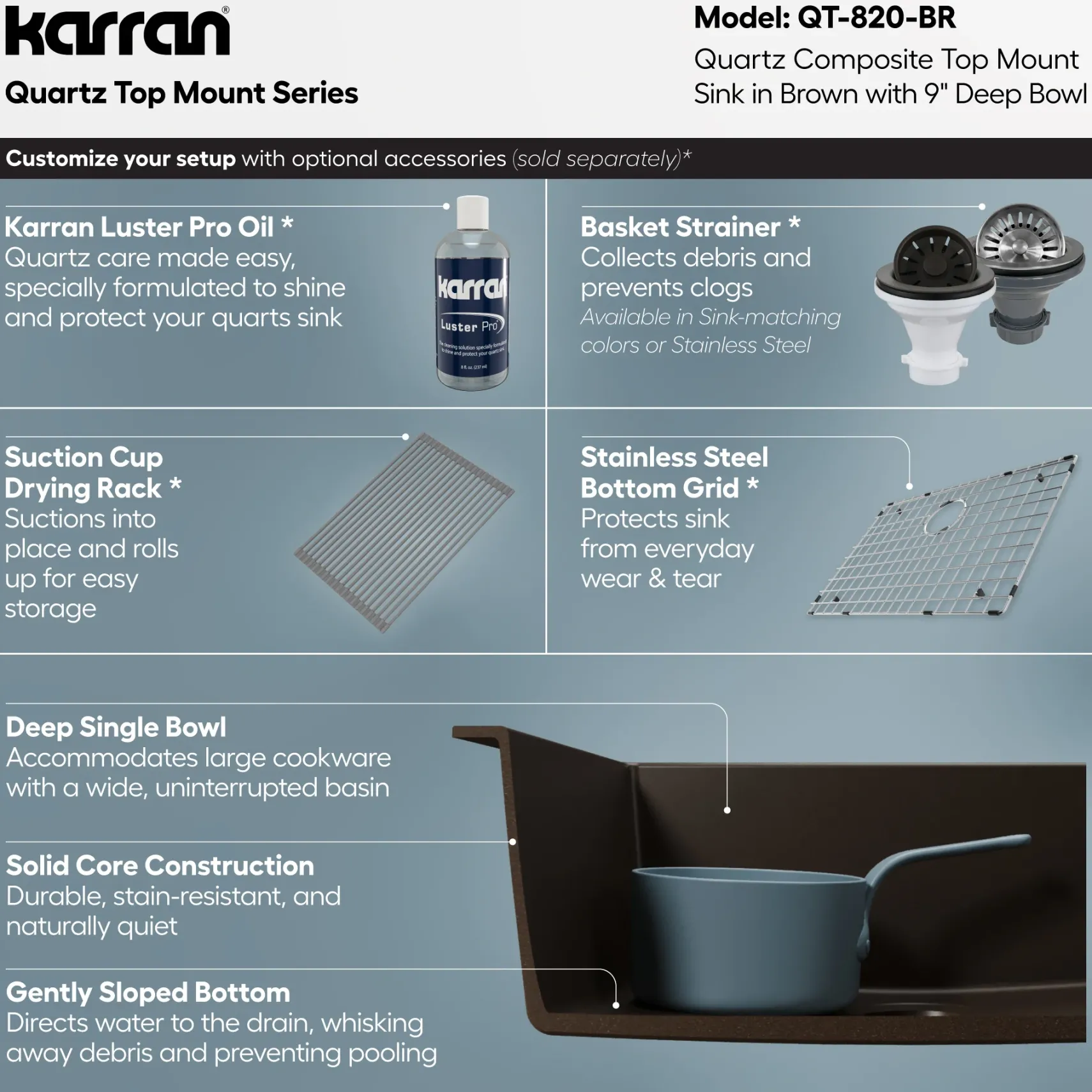 Karran 25" Drop In/Topmount Quartz Composite Kitchen Sink, Brown, QT-820-BR