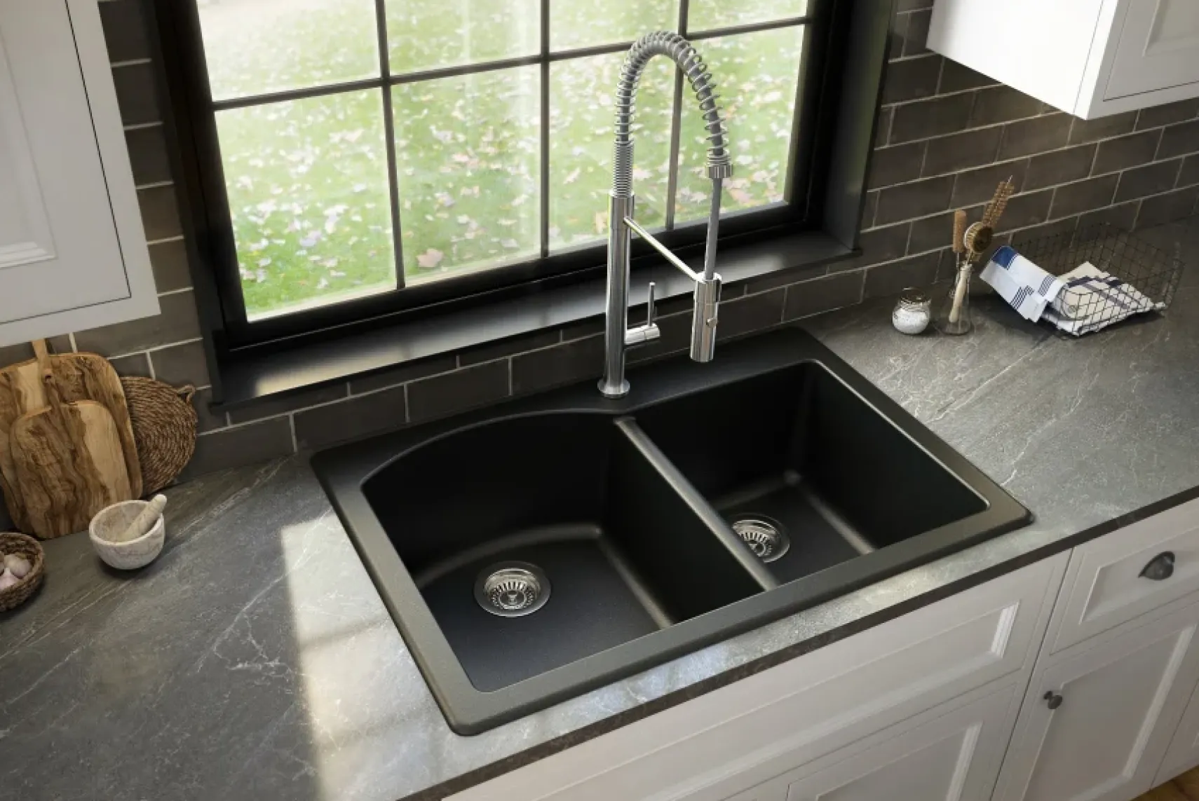 Karran 33" Drop In/Topmount Quartz Composite Kitchen Sink, 60/40 Double Bowl, Black, QT-610-BL