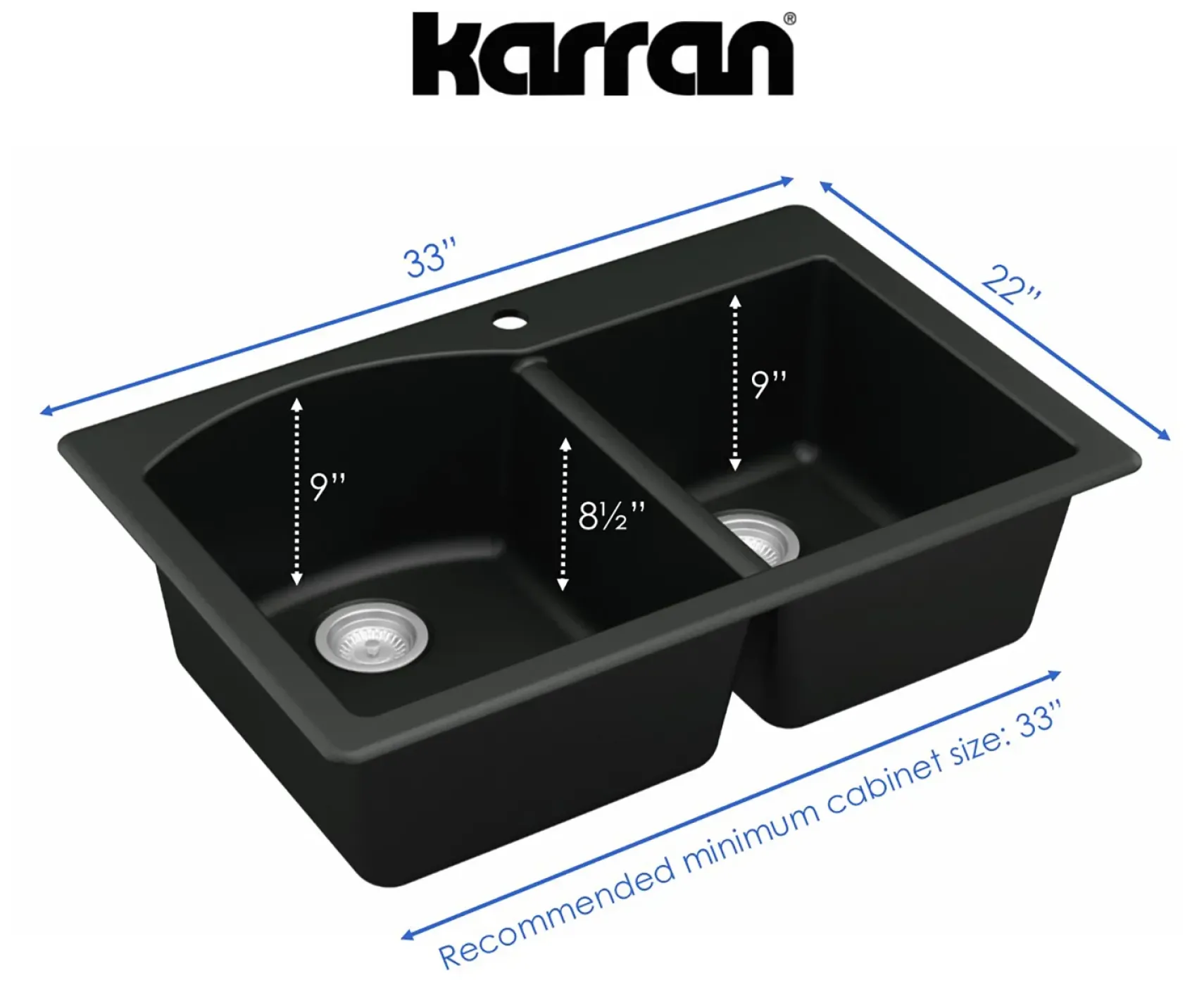 Karran 33" Drop In/Topmount Quartz Composite Kitchen Sink, 60/40 Double Bowl, Black, QT-610-BL