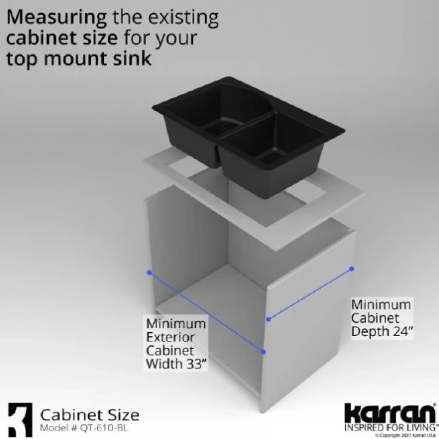 Karran 33" Drop In/Topmount Quartz Composite Kitchen Sink, 60/40 Double Bowl, Black, QT-610-BL