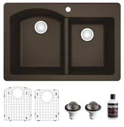 Karran 33" Drop In/Topmount Quartz Composite Kitchen Sink, 60/40 Double Bowl, Brown, QT-610-BR-PK1