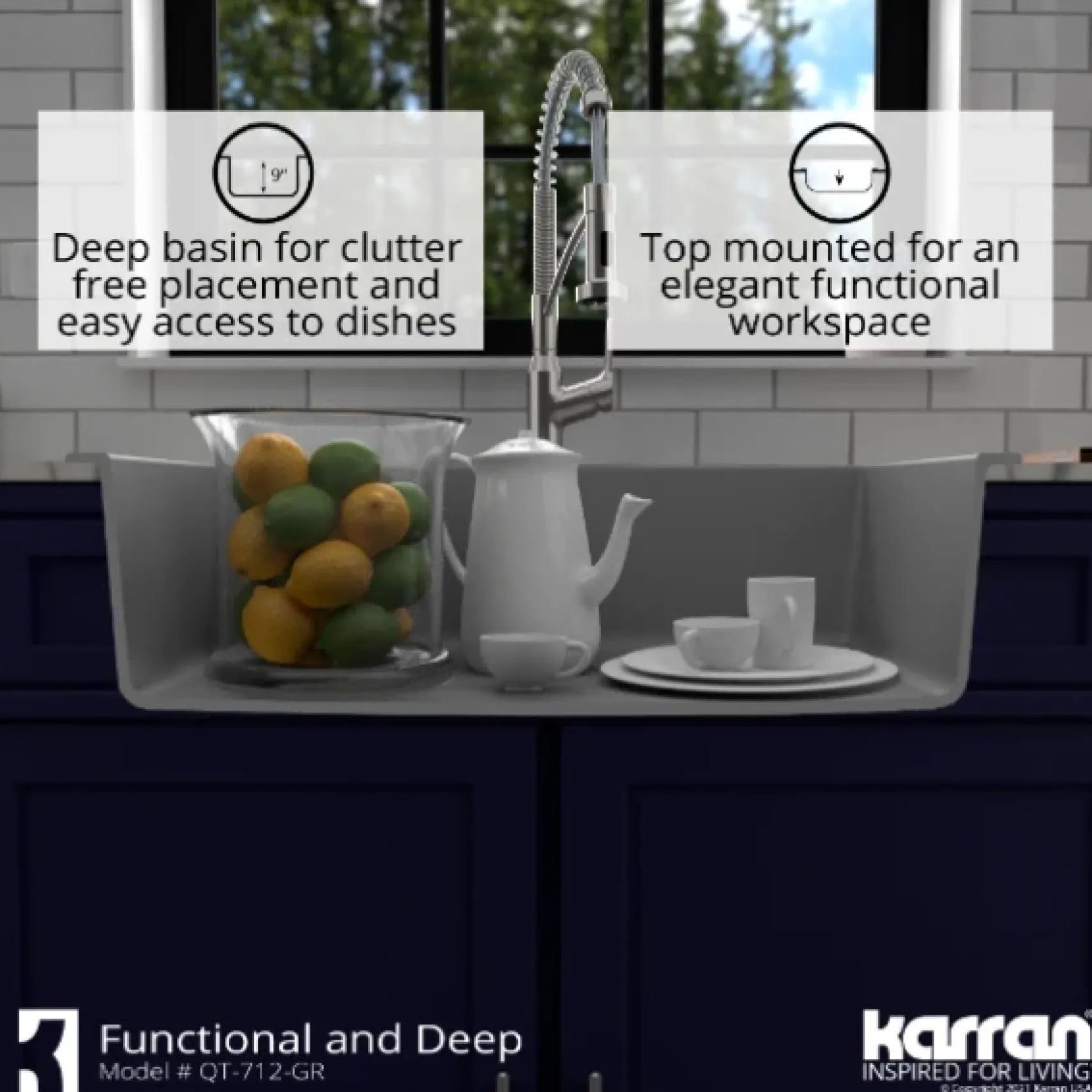 Karran 33" Drop In/Topmount Quartz Composite Kitchen Sink, Grey, QT-712-GR-PK1
