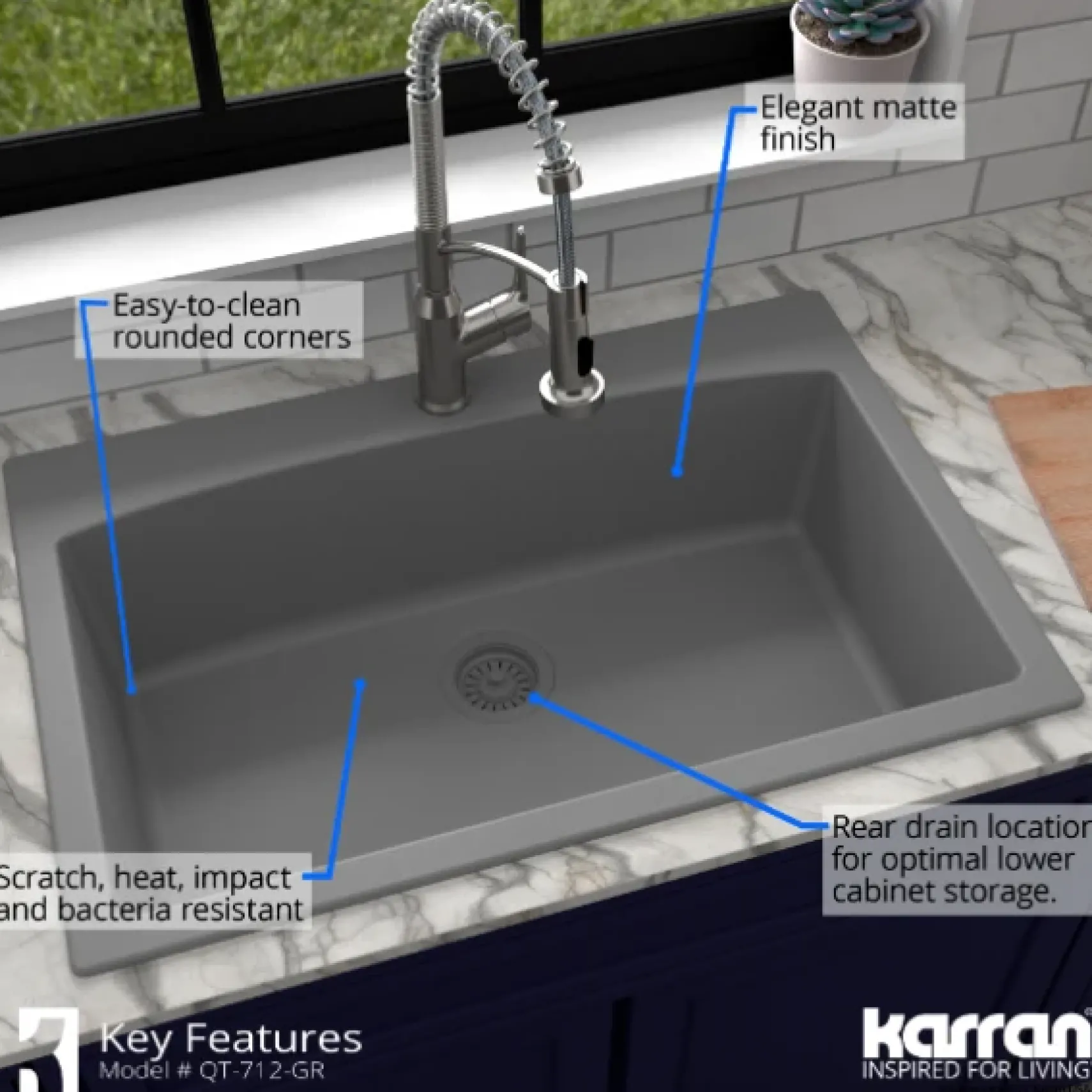Karran 33" Drop In/Topmount Quartz Composite Kitchen Sink, Grey, QT-712-GR-PK1